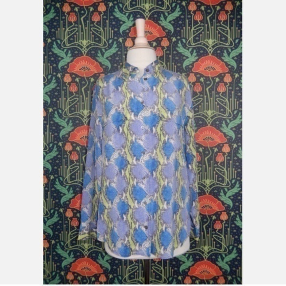 Equipment Femme Blue Green Python Snakeskin Print Silk Button Down Top Shirt